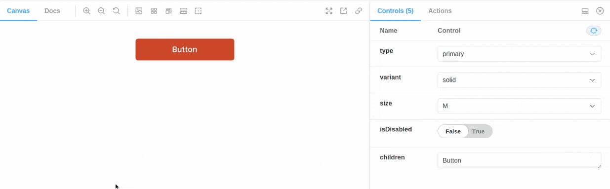 A GIF, i.e. an animated image, showing the ‘Controls’ panel in the Storybook dashboard can be used to test different states of the button component